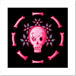 Funny Pink Skull With Flowers And Bones Posters and Art